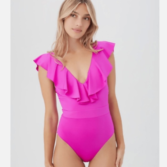 Trina Turk Monaco Ruffle One-Piece Swimsuit Hot Pink 10 - Picture 1 of 6